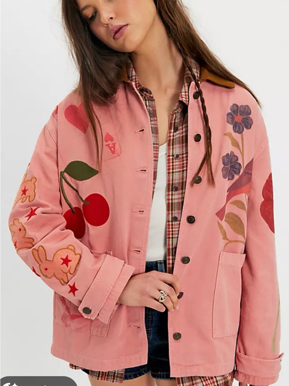 Free People Pink Embroidered Cherry & Floral Utility Jacket